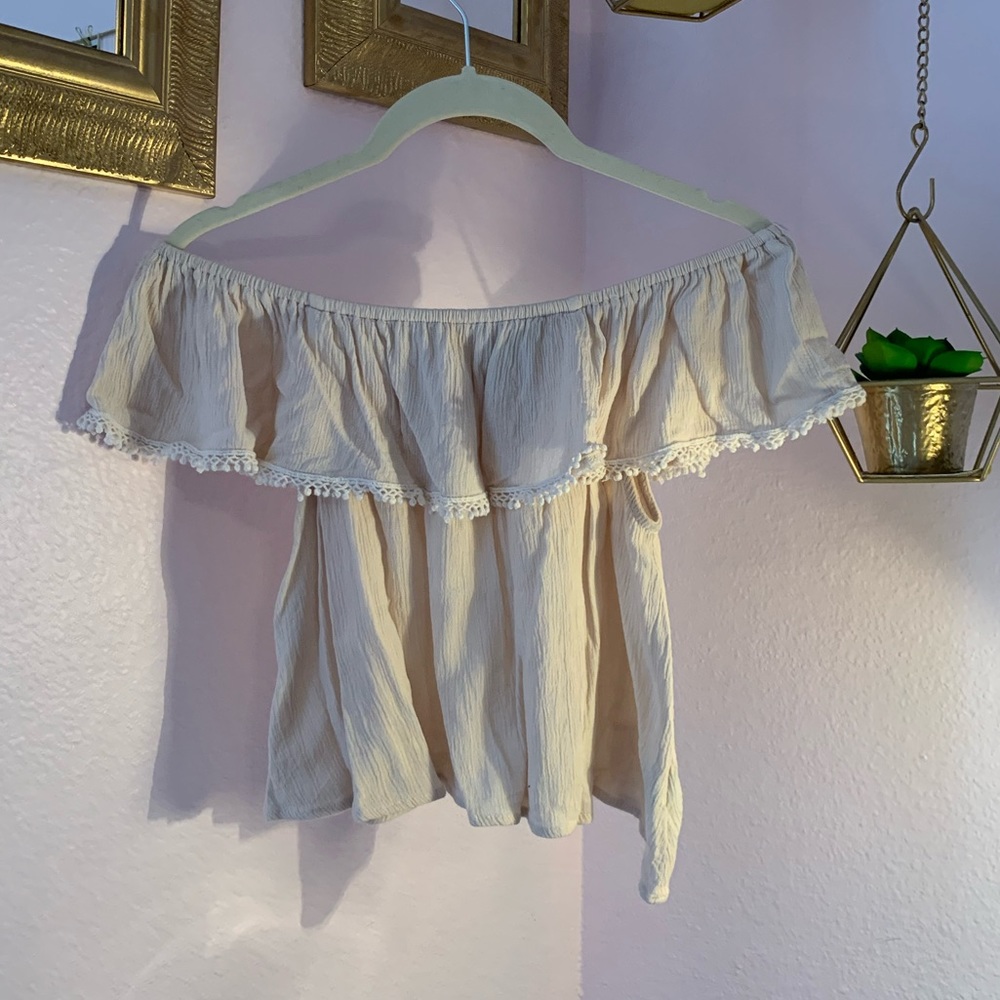 Beige cream off the shoulder beach crop top